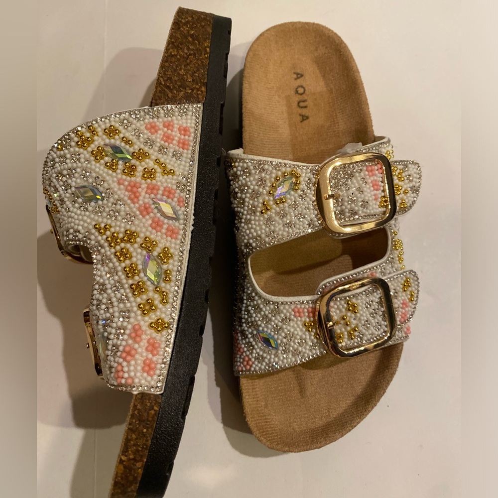 AQUA x MIA 7.5M Beaded Studded Square double buckle SlipOn Slide Sandals